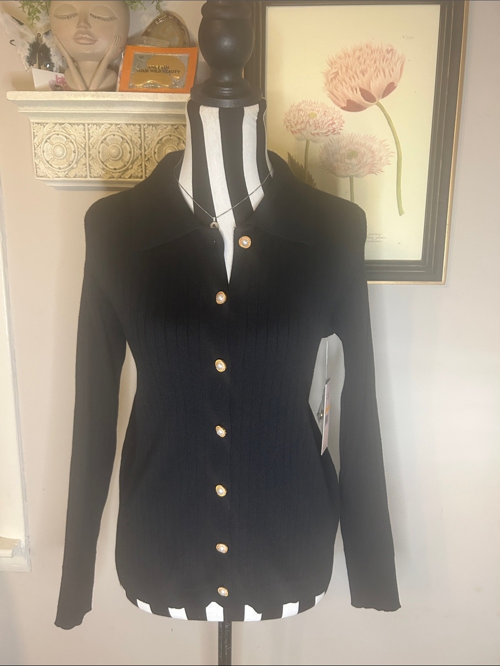 Nanette Lepore Black Ribbed Button-Up Sweater with Gold Buttons